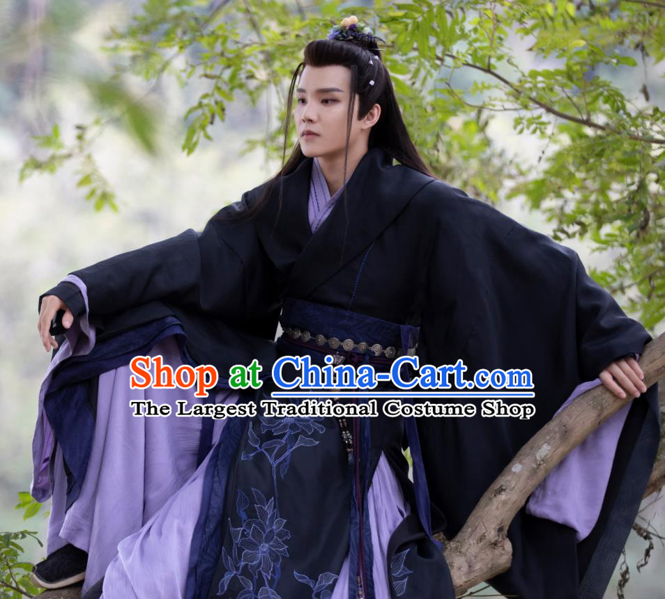 Chinese Ancient Swordsman Black Clothing and Hairdo Crown Drama the Birth of the Dream King Ji Chuan Costumes