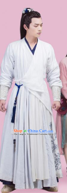 Chinese Ancient Young Swordsman White Clothing and Headpieces Drama the Birth of the Dream King Zhao Qingfeng Costumes