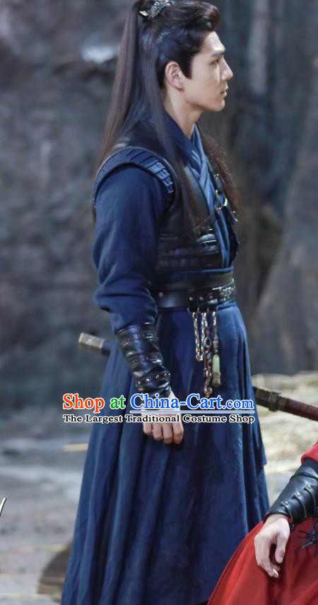 Chinese Ancient Knight Clothing and Hair Crown Drama the Birth of the Dream King Swordsman Navy Costumes