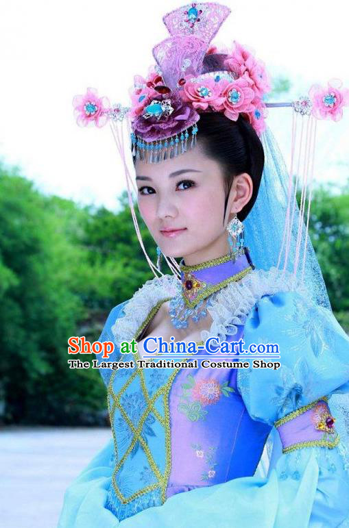 Chinese Ancient Costumes Historical Drama Love Amongst War Princess Dai Zhan Blue Dress and Headpiece Complete Set