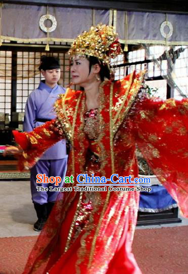 Chinese Ancient Wedding Costumes Historical Drama Love Amongst War Wang Baochuan Red Dress and Hair Crown Complete Set