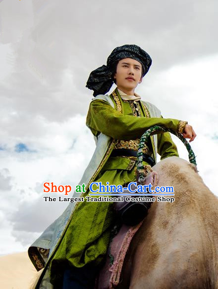 Chinese Ancient Hero Clothing and Jade Hairpin Drama The Taosim Crandmaster Swordsman Kun Lun Green Costumes and Headwear