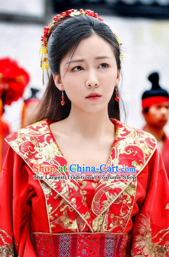 Chinese Ancient Princess Wedding Historical Costumes Drama Princess at Large Ji Xianyun Red Hanfu Dress and Hair Clasp