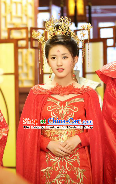 Chinese Ancient Wedding Female Historical Costumes Drama Oh My Emperor Noble Lady Luo Feifei Red Hanfu Dress and Phoenix Coronet