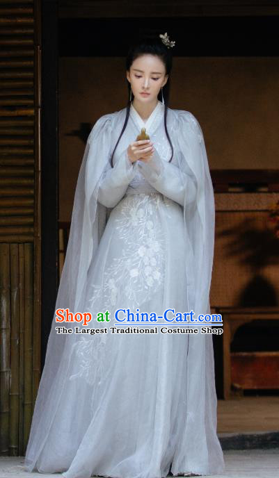 Chinese Ancient Demon Princess Ji Heng Drama Sansheng Sanshi Pillow Eternal Love of Dream Grey Dress and Hairpins Complete Set