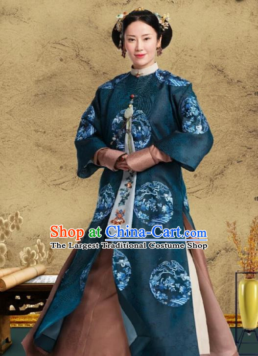 Chinese Ancient Garment Manchu Concubine De Blue Qipao Dress and Hair Accessories Drama Dreaming Back to the Qing Dynasty Court Apparels Costumes