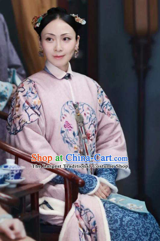 Chinese Ancient Dame Garment Manchu Pink Qipao Dress and Headwear Drama Dreaming Back to the Qing Dynasty Fourth Rani Apparels Costumes