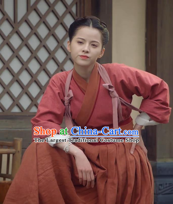 Chinese Ancient Maid Red Apparels Garment Hanfu Dress Drama To Get Her Maidservant Lin Zhengzheng Costumes and Headwear