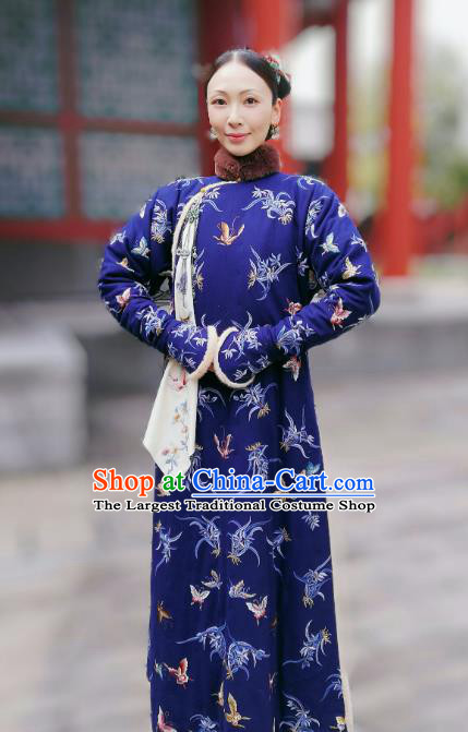 Chinese Ancient Royal Dame Garment Court Manchu Blue Qipao Dress and Headpieces Drama Dreaming Back to the Qing Dynasty Fourth Rani Apparels Costumes