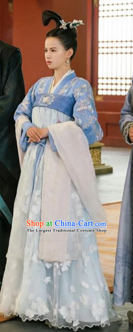 Chinese Ancient Princess Blue Dress Apparels and Hairpins Drama To Get Her Court Lady Lin Zhengzheng Costumes Garment