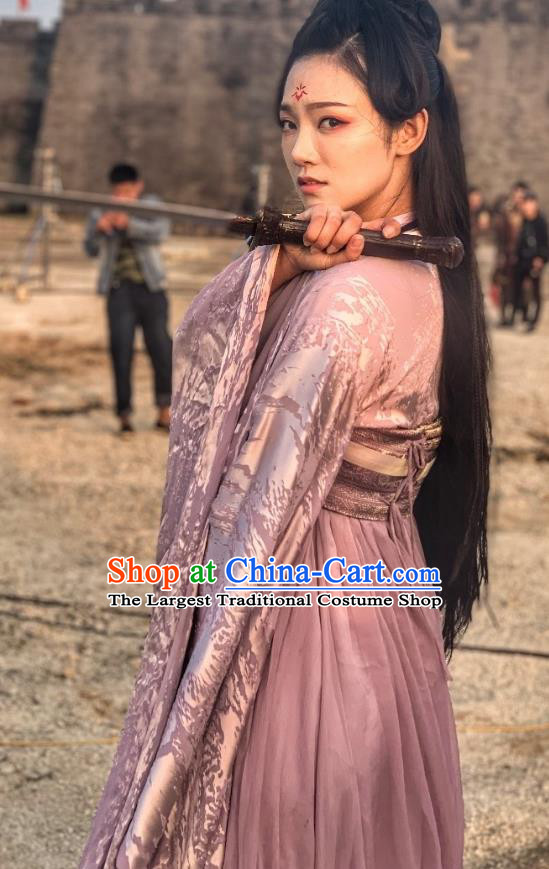 Chinese Ancient Princess Purple Garment Dress and Headdress Drama To Get Her Swordswoman Cha Ruirui Apparels Costumes