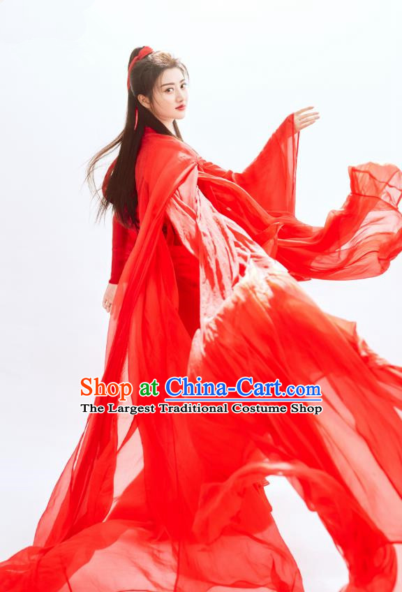 Chinese Ancient Swordswoman Red Garment Wuxia Drama The King of Blaze Apparels Dress and Headwears Qian Mei Costumes