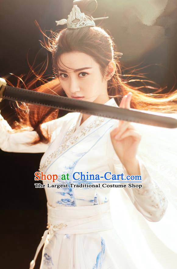Chinese Wuxia Drama Ancient Swordswoman Garment The King of Blaze Apparels White Dress and Hairdo Crown Situ Fengjian Costumes