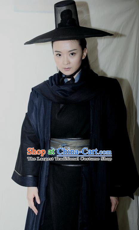 Chinese Ancient Apparels Female Swordsman Black Hanfu Dress and Hat Drama Butterfly Sword Gao Jiping Garment Costumes