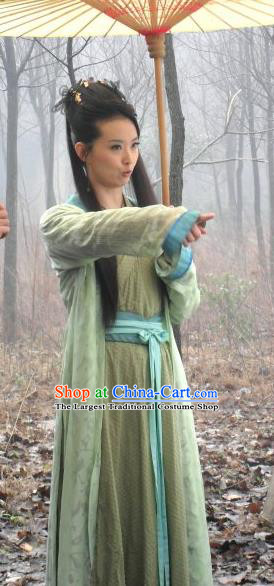Chinese Ancient Apparels Green Hanfu Dress and Headwear Drama Butterfly Sword Female Swordsman Gao Jiping Garment Costumes