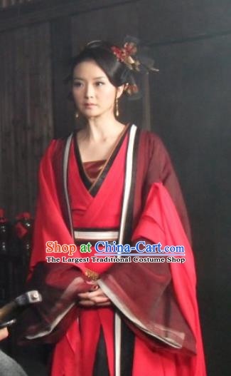 Chinese Ancient Red Apparels Hanfu Dress and Headpieces Drama Butterfly Sword Female Swordsman Gao Jiping Garment Costumes