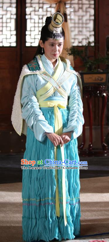 Chinese Ancient Castellan Apparels and Headpieces Drama Turbulence of the Mu Clan Costumes A Leqiu Blue Hanfu Dress Garment