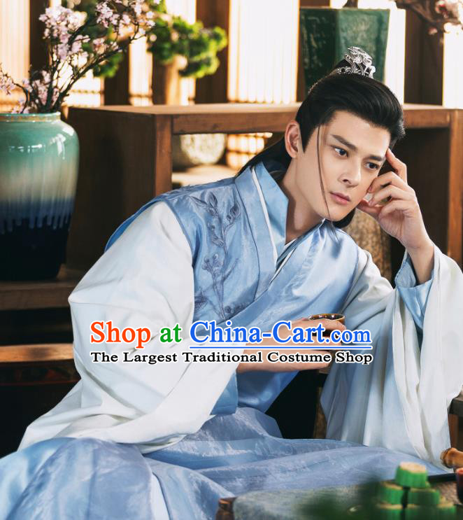 Chinese Ancient Dragon Prince Blue Garment Drama Sansheng Sanshi Pillow Eternal Love of Dream Su Moye Costumes and Hairdo Crown