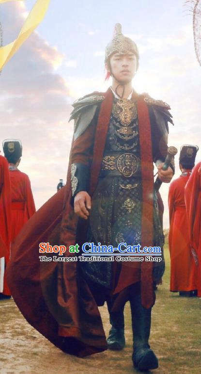Chinese Ancient Swordsman Hao Yue Apparels Garment and Helmet Wuxia Drama The King of Blaze General Armor Costumes