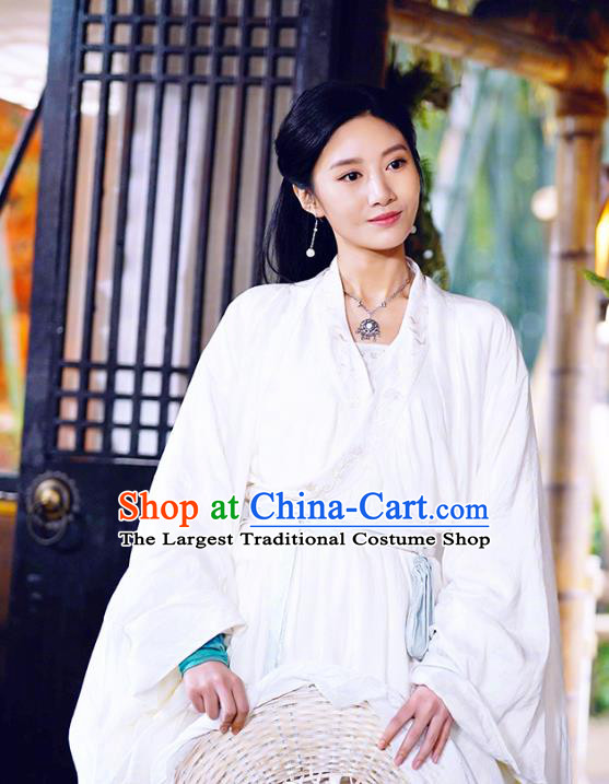 Chinese Ancient White Apparels Garment Costumes and Headwear Wuxia Drama The Lost Swordship Swordswoman Sun Min Dress