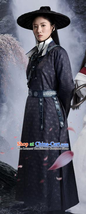 Chinese Ancient Female Swordsman Apparels Garment Costumes and Hat Wuxia Drama The Lost Swordship Heroine Sun Min Black Dress