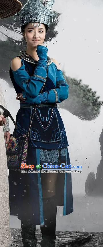 Chinese Ancient Ethnic Female Apparels Garment Blue Costumes and Silver Headdress Wuxia Drama The Lost Swordship Tang Chun Dress