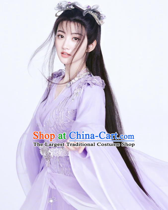 Chinese Ancient Fairy Apparels Garment and Hair Accessories Wuxia Drama The King of Blaze Apparels Qian Mei Purple Dress Costumes
