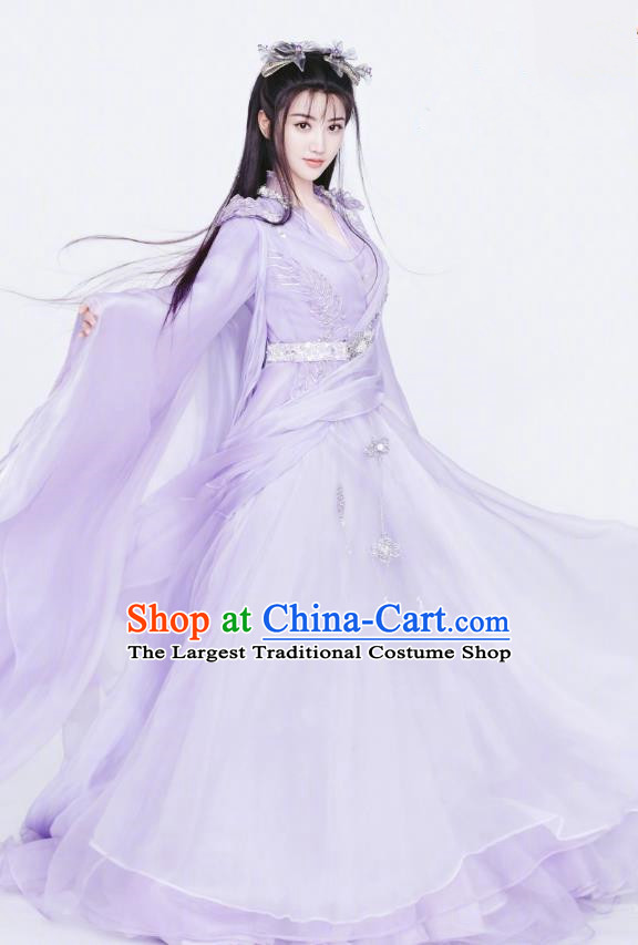 Chinese Ancient Fairy Apparels Garment and Hair Accessories Wuxia Drama The King of Blaze Apparels Qian Mei Purple Dress Costumes