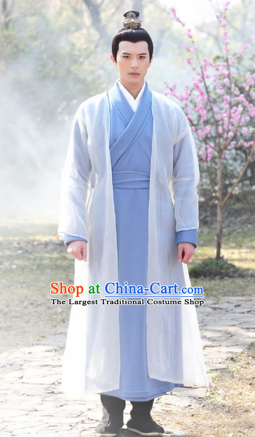 Chinese Ancient Swordsman Blue Garment Costumes and Headpiece Drama I am A Pet At Dali Temple Official Qing Moyan Apparels