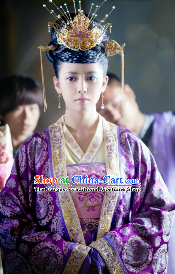 Chinese Ancient Palace Lady Garment Costumes and Headdress Drama The World of Love Princess Du Siyu Purple Dress