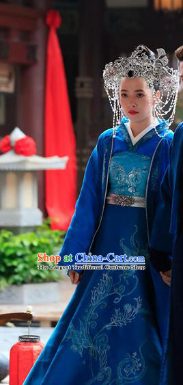 Chinese Ancient Bride Apparels Costumes and Headdress Drama The Starry Night The Starry Sea Noble Lady Lu Li Blue Dress Garment