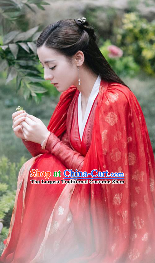 Chinese Ancient Goddess Princess Garment Drama Eternal Love of Dream Biyi Bird Tribe Xiangli Aranya Red Dress and Headpieces