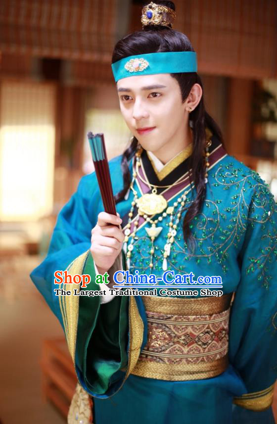 Chinese Ancient Song Dynasty Blue Garment Rich Childe Clothing and Headpieces Drama Kai Feng Qi Tan Merchant Pang Ji Apparels