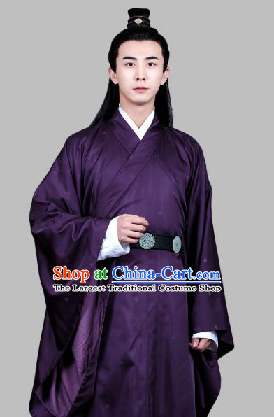 Chinese Ancient Song Dynasty Scholar Purple Robe Costumes and Hair Accessories Drama Kai Feng Qi Tan Bao Zheng Garment Apparels