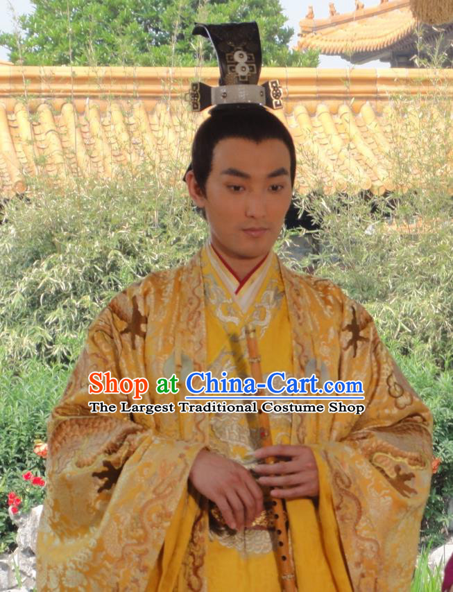 Chinese Ancient Emperor Garment Clothing and Headpieces Drama The Empress Ling Xuan Golden Imperial Robe Apparels