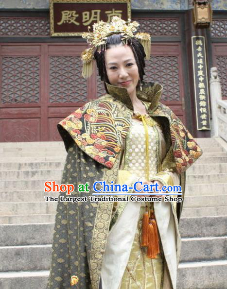 Chinese Ancient Queen Costumes Garment and Headdress Drama The Empress Queen Fang Wanzhi Yellow Dress Apparels