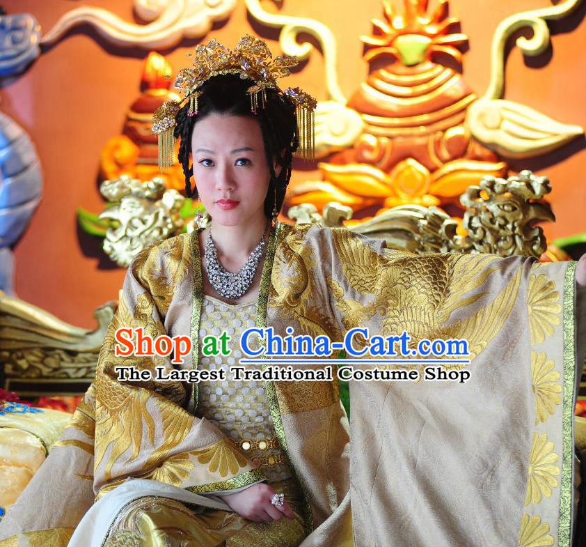 Chinese Ancient Queen Golden Costumes Garment and Headdress Drama The Empress Court Queen Fang Wanzhi Dress Apparels
