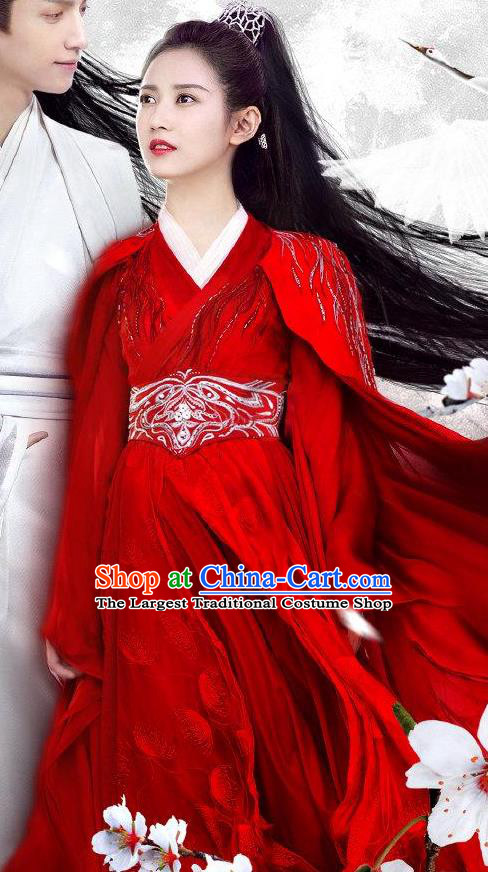 Chinese Ancient Female Swordsman Red Dress Apparels Costumes and Headwear Drama And The Winner Is Love Chong Xuezhi Garment