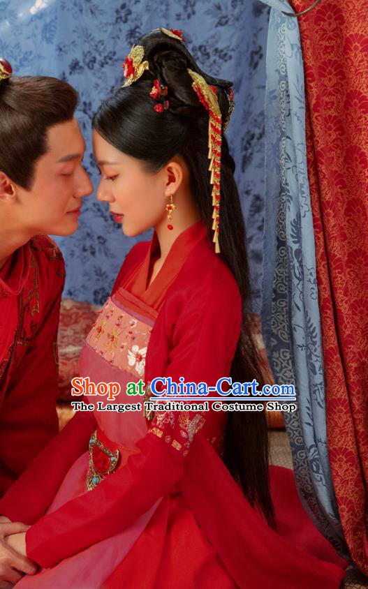 Chinese Ancient Village Girl Red Hanfu Dress Costumes and Headpieces Drama Earth Smoke Sparkle Kitchen Hua Xiaomai Apparels Wedding Garment