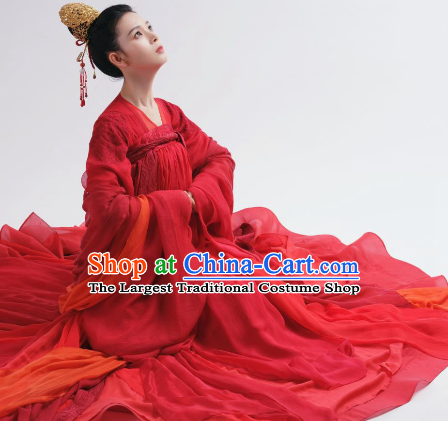 Chinese Ancient Tang Dynasty Red Hanfu Dress Apparels Costumes and Headdress Drama Wu Xin The Monster Killer Noble Lady Liu Qingluan Garment