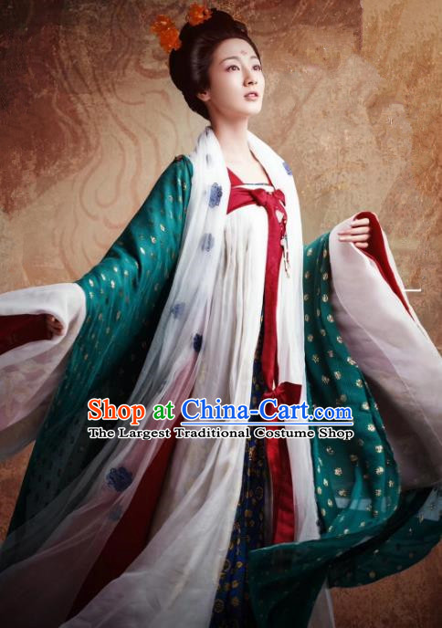 Chinese Ancient Fairy Xue Niang Hanfu Dress Tang Dynasty Apparels Costumes and Headdress Drama Wu Xin The Monster Killer Enchantress Garment