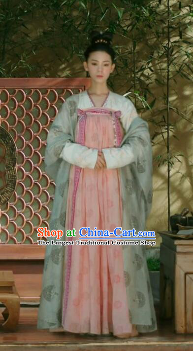 Chinese Ancient Palace Lady Pink Hanfu Dress Tang Dynasty Apparels Costumes and Headdress Drama Wu Xin The Monster Killer Female Swordsman Liu Qingluan Garment