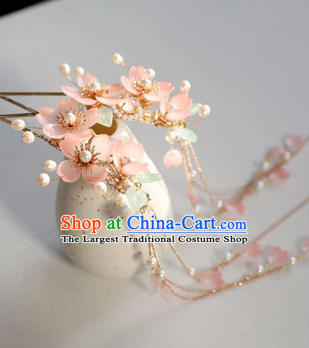 Chinese Ancient Hair Jewelry Pink Sakura Tassel Hairpins Headwear Accessories Headdress for Women