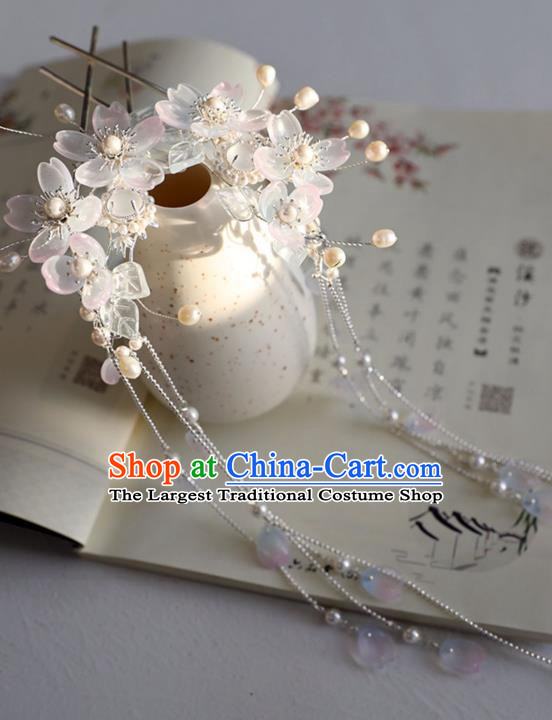 Chinese Ancient Hair Jewelry White Sakura Tassel Hairpins Headwear Accessories Headdress for Women