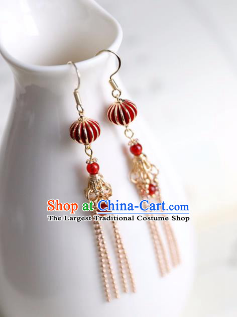 Chinese Ancient Hanfu Red Lantern Earrings Women Jewelry Ming Dynasty Tassel Ear Accessories