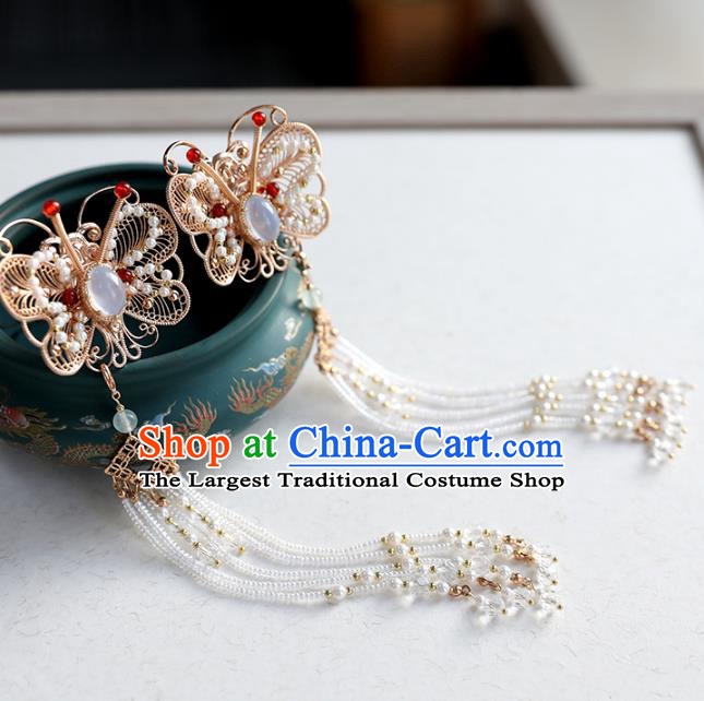 Chinese Ancient Golden Butterfly Hairpins Jewelry Headwear Hair Accessories Ming Dynasty Hanfu Beads Tassel Hair Clips for Women