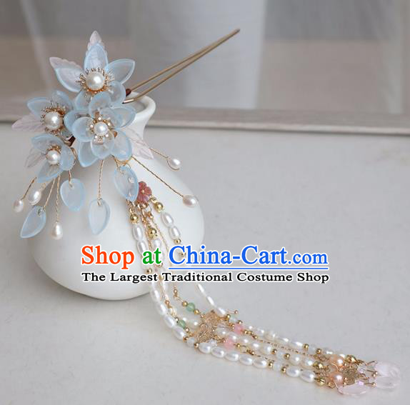 Chinese Ancient Women Blue Flowers Hair Clip Headwear Pearls Tassel Hairpin Hanfu Hair Accessories