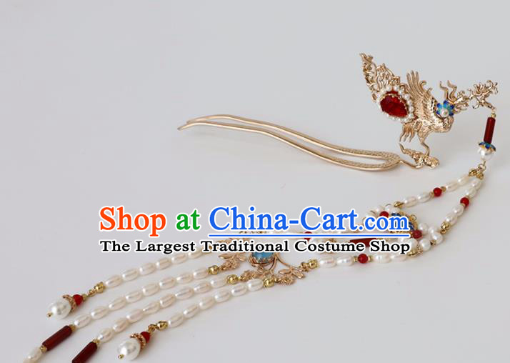 Chinese Ancient Hanfu Agate Pearls Tassel Hair Clip Women Headwear Phoenix Hairpin Hair Accessories