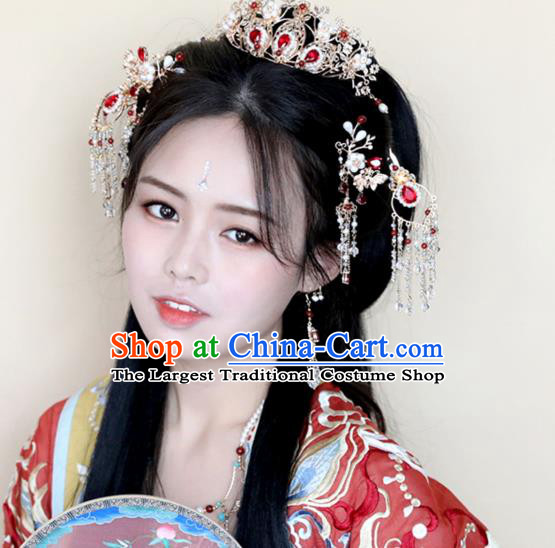 Chinese Ancient Red Crystal Hair Crown Headwear Women Hair Accessories Ming Dynasty Pearls Hairpin Hair Comb