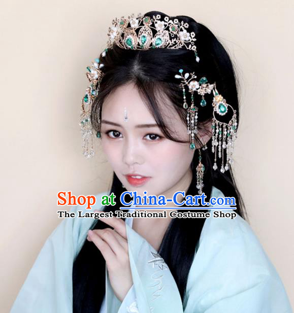 Chinese Ancient Green Crystal Hair Crown Headwear Women Hair Accessories Ming Dynasty Pearls Hairpin Hair Comb